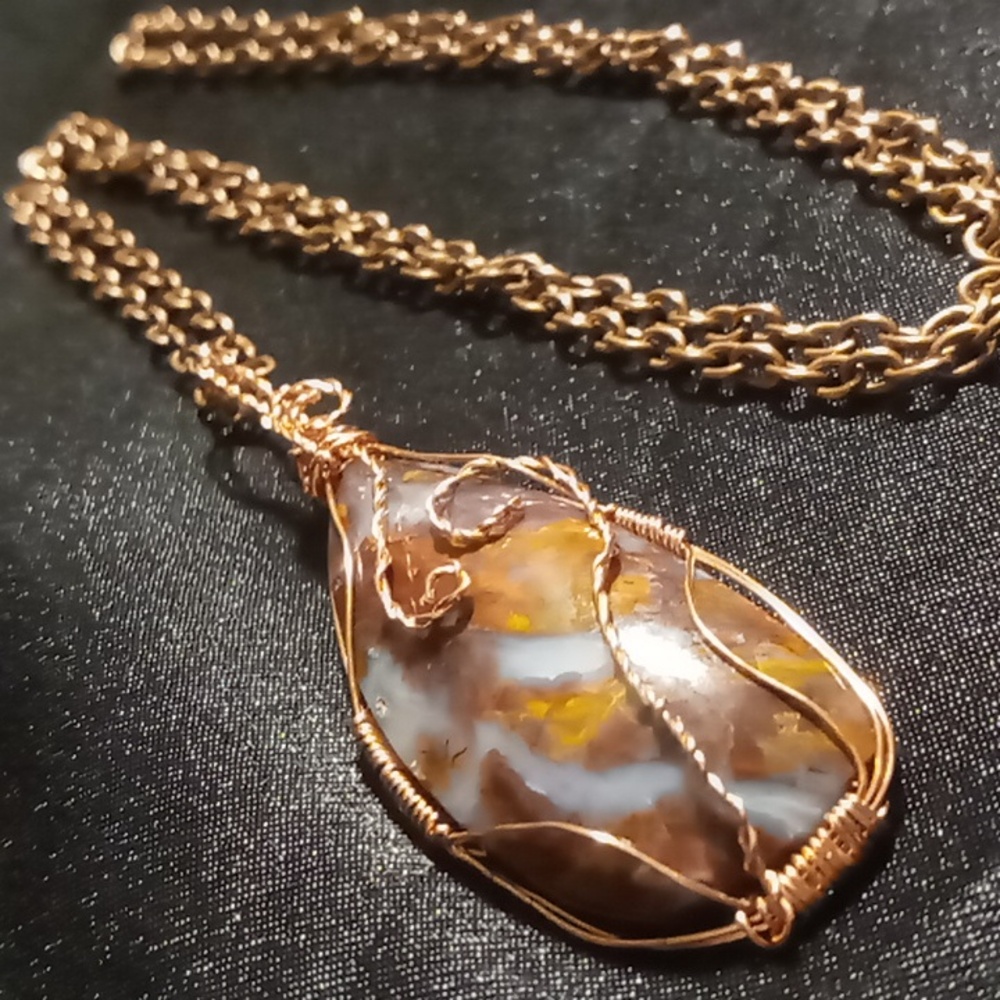 Chatoyant golden pietersite stone genuine copper wrap pendant necklace 26 in.